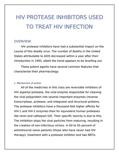 Detail NOTE ON HIV Protease Inhibitors USED TO Treat HIV Infection ...
