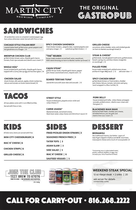 Martin City Brewing Company Pizza & Taproom - Mission Farms menus in ...