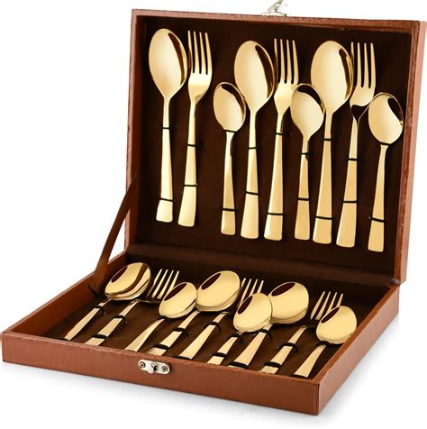 Buy Shapes Gold Satin Stainless Steel Cutlery Set of Spoons, Forks ...