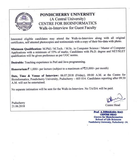 Walk - in - Interview for Guest Faculty - Centre for Bioinformatics ...