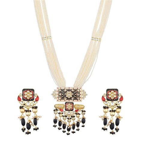 Buy RUNJHUN Meenakari Kundan Royal Black And Golden Long Necklace Set ...