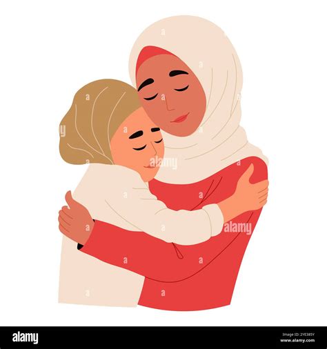 Muslim mother in hijab with her daughter. Mom and girl hugging. Arabic ...