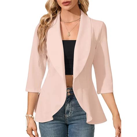 Women's Blazer Suit Open Front Cardigan 3/4 Sleeve Fitted Ruffle Hem ...