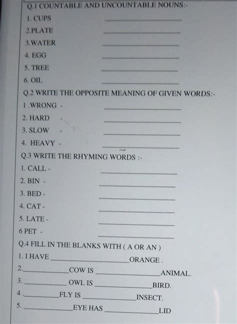 Q.1 COUNTABLE AND UNCOUNTABLE NOUNS:- 1. CUPS 2.PLATE 3.WATER 4. EGG 5 ...