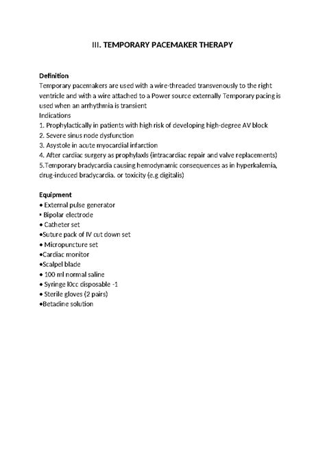 Temporary Pacemaker Therapy: Procedures and Indications Guide - Studocu