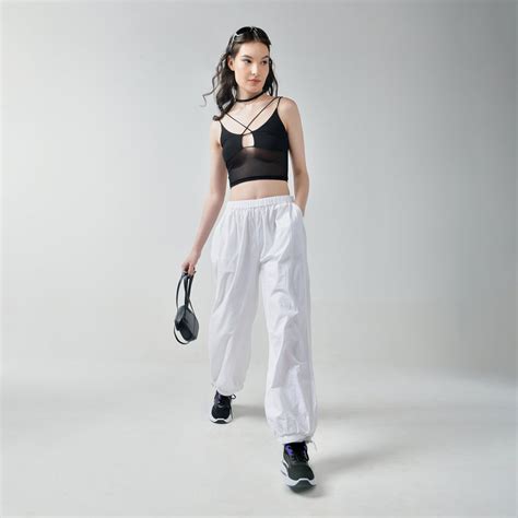 Black Mesh Top & White Parachute Pants – I Z F