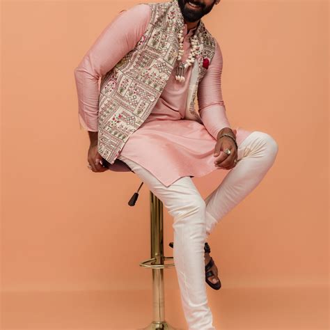 Men White & Pink Printed Cotton Blend Kurta Jacket Churidar Set – Kisah