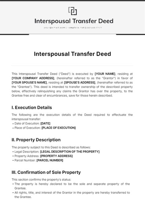 Free Interspousal Transfer Deed Template to Edit Online