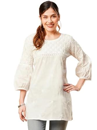 Buy Ada Hand Embroidered Cotton Lucknow Chikankari Short Kurti Top for ...