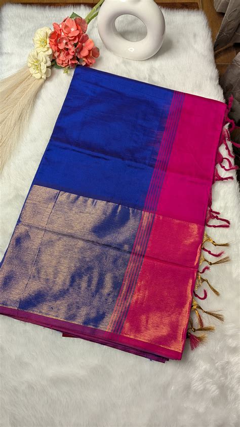 Blue and Rani Pink Silk Cotton Saree – Sunitha's Sarees