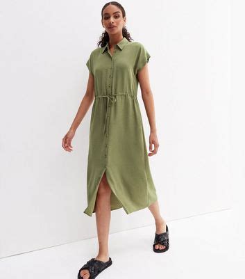 Olive Short Sleeve Drawstring Midi Shirt Dress | New Look