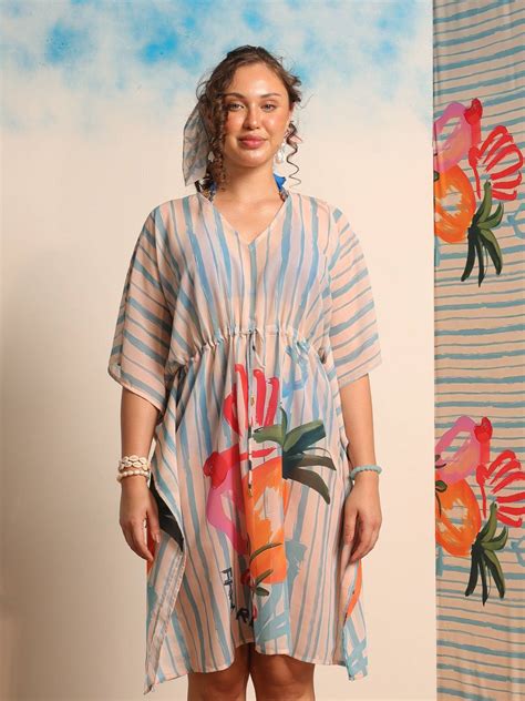 AOBA I Women White Printed Swimwear Coverup Kaftan I Georgette I S-3XL