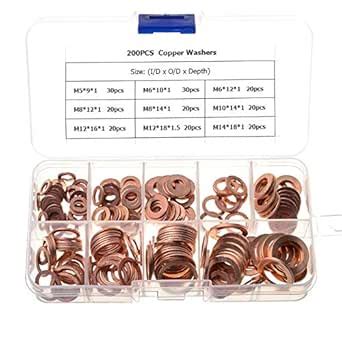 Copper Washer Assortment Set, 200 Pieces 9 Sizes Copper Metric Sealing ...