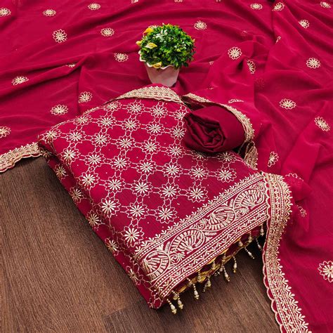 Rani Pink Floral Embroidered Georgette Dress Material