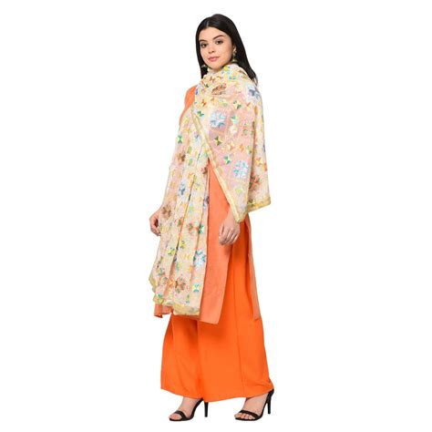 The Amritsar Store Beautiful Off-White Phulkari Dupatta With Multicolor ...