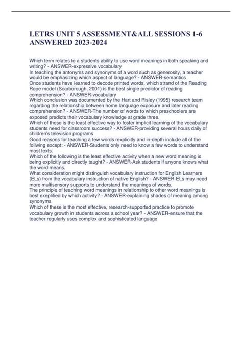 LETRS UNIT 5 ASSESSMENT&ALL SESSIONS 1-6 ANSWERED - LETRS UNIT 5 ...