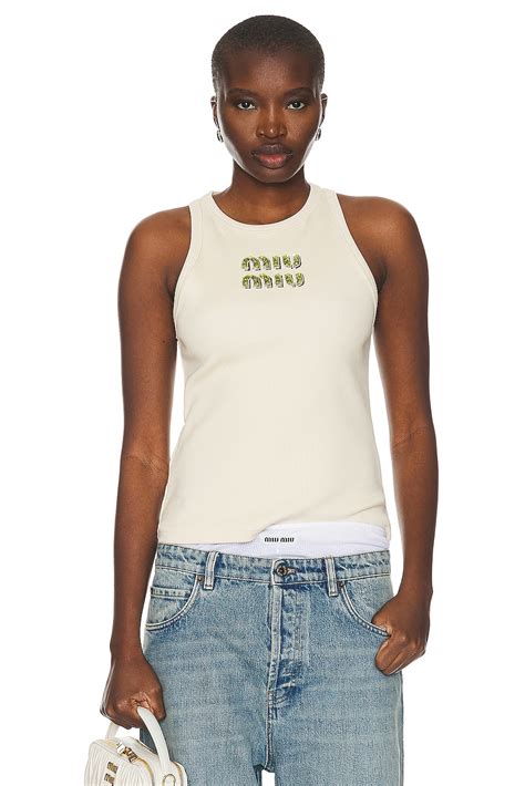 Miu Miu Costina Jersey Tank in Naturale & Felce | FWRD