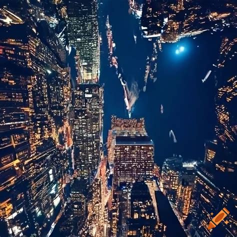 New York at night with a vertical aerial view looking straight down as ...
