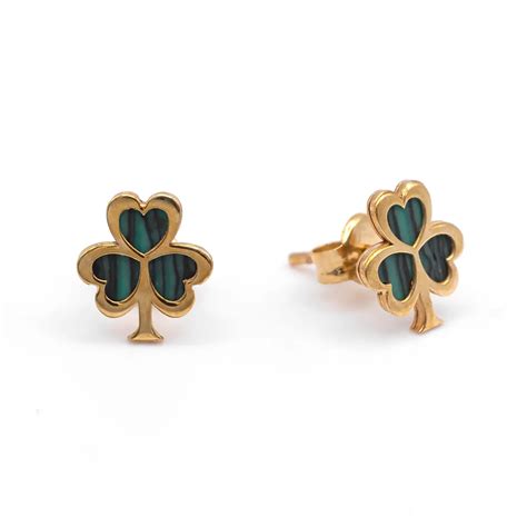 10k Gold Malachite Irish Shamrock Earrings
