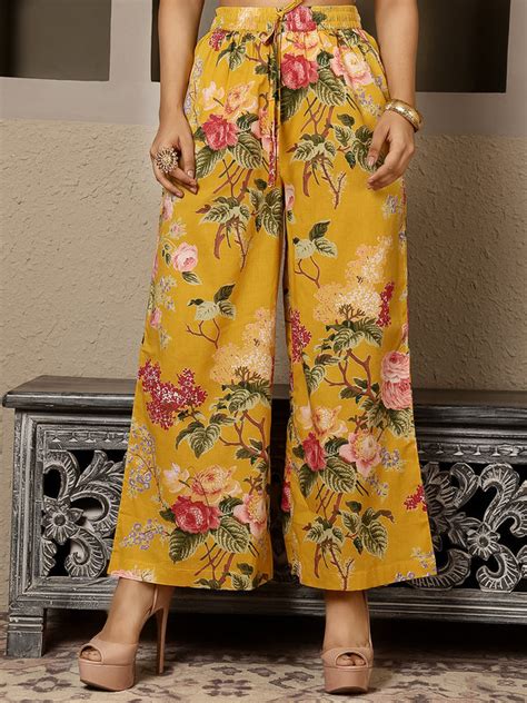 Mustard Cotton Calf Length Printed V-Neck Anarkali Kurta Suit Set ...