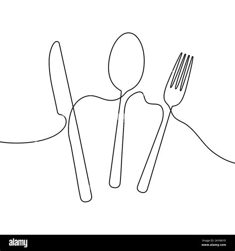 Spoon, fork and knife in continuous line drawing style. Line art ...