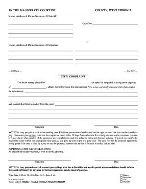West Virginia Civil Complaint Form - Fill Online, Printable, Fillable ...