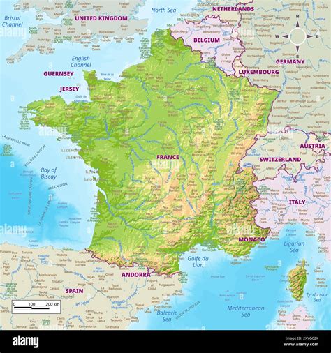 France physical map with national borders, rivers and lakes, mountains ...