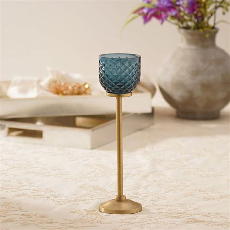 Teal Diamond Texture Candle Holder with Stand - Large
