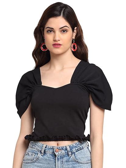 Shasmi Black Women's Ruched Bust Solid Crop Top (Shree Top 18 Black M ...
