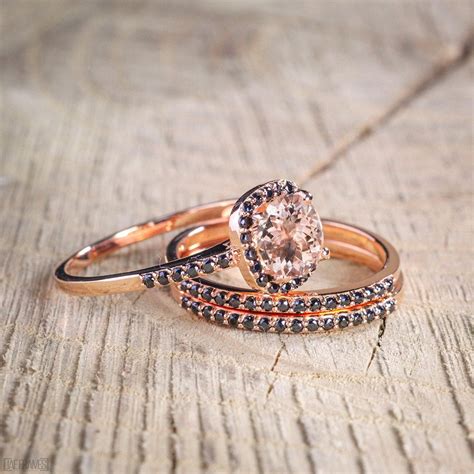 Sale 2.50 carat Morganite and Black Diamond Trio Wedding Bridal Ring ...
