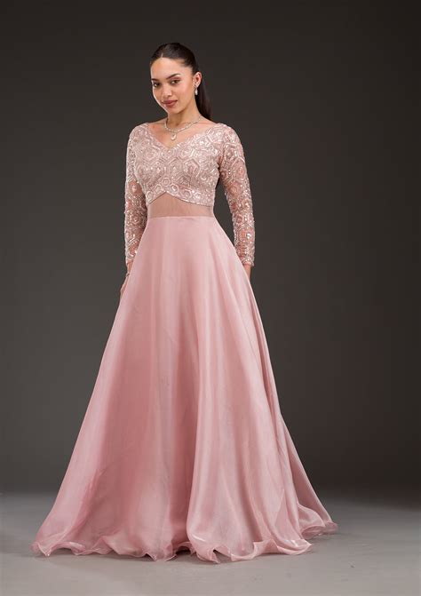 Buy Pink Stonework Semi Crepe Gown - Koskii
