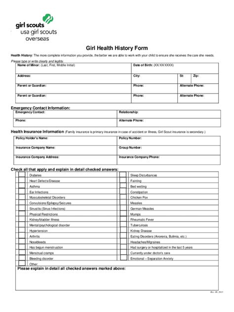 Fillable Online Girl Scouts Health History and Medical Examination Form ...