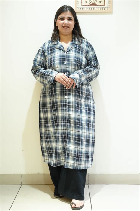 Midnight Teal Checked Woollen Kurta - Apella