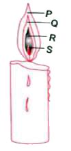 Different zones of a candle flame are marked by the letters P, Q, R and ...