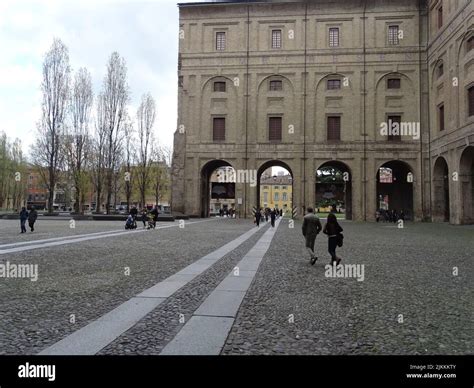 A city view of Parma, Emilia Romagna, Italy with visitors enjoying the ...