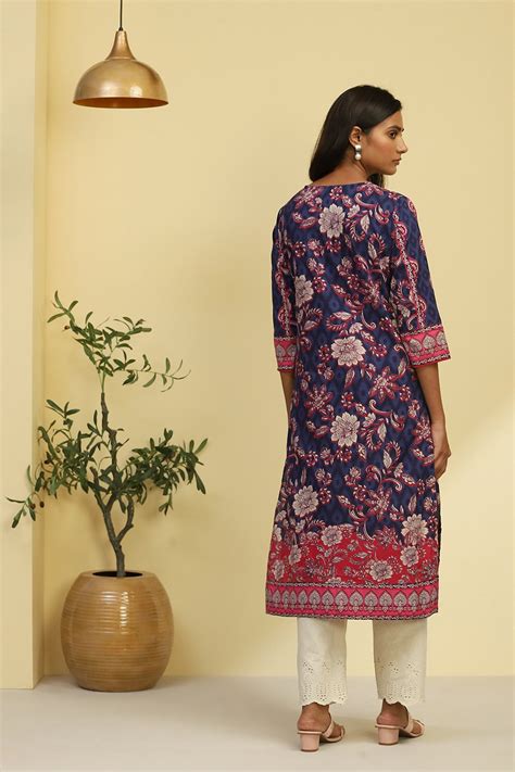 Buy Navy Blue and Pink Cotton Floral Printed Straight Kurta Online at ...