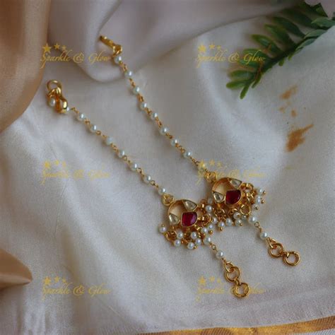 Jadau Kundan Pearl Ear Chain with Red Stone – Sparkle and Glow