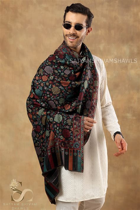 ARABIC ROSE KANI WOVEN LUXURY PASHMINA MENS STOLE,BLACK – Satyam Shivam ...