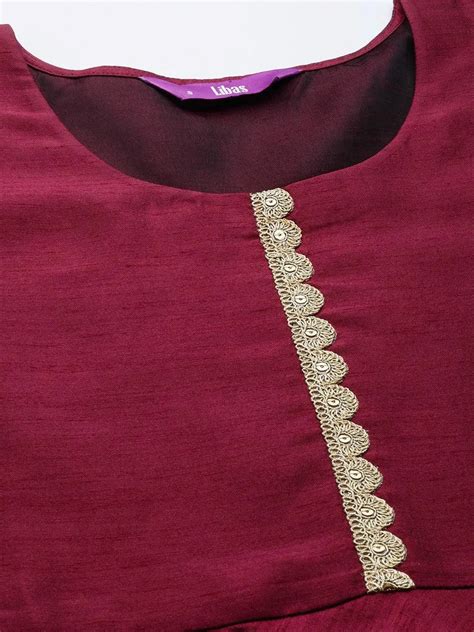 Buy Maroon Solid Silk Blend Anarkali Kurta With Palazzos & Dupatta ...