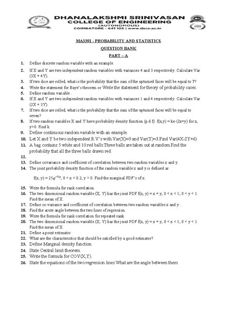 MA3391 Probability and Statistics - Complete Question Bank - Studocu