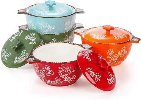 Amazon.com | AVLA 4 Pack Ceramic Soup Bowls with Lid and Double Handles ...