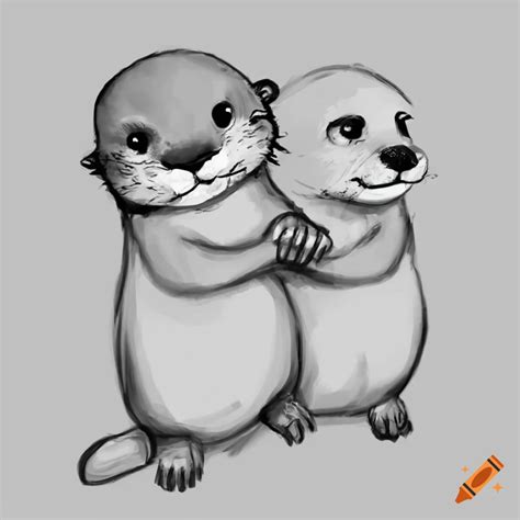 Sea Otters Holding Hands Drawing