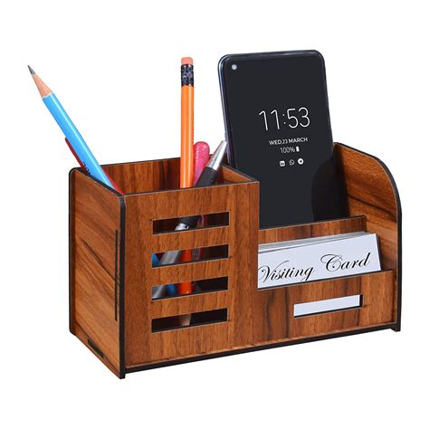 RHT Pen & Mobile Holder for Stylish Table | Wooden Pen Stand With ...