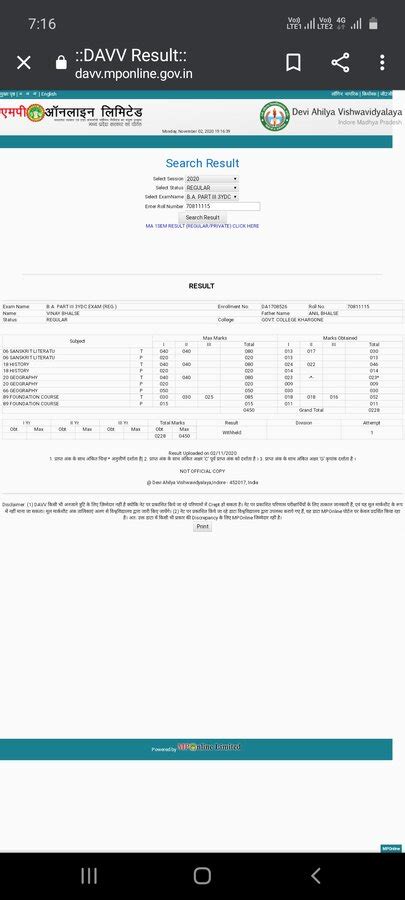 Davv Indore — Withheld result