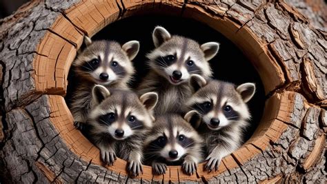 Five happy raccoons peek out of a large hollow in a tree | Premium AI ...