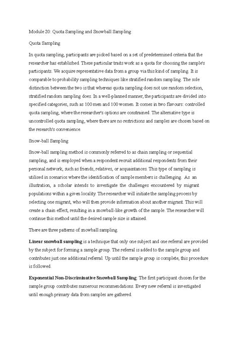 Module 20: Notes on Quota & Snowball Sampling Techniques - Studocu
