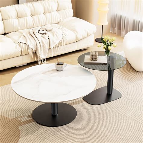 FATIVO Round Nest Coffee Table Marble: 2 Nesting Set Large 80cm and ...