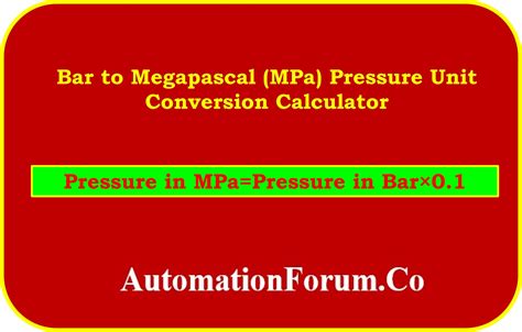 Bar to Megapascal (MPa) Pressure Unit Conversion Calculator