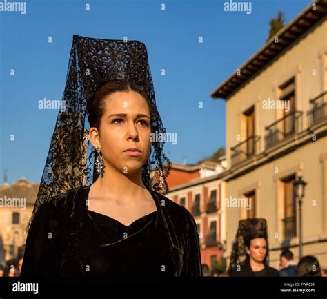 Women in a Easter procession with a black lace mantilla, a traditional ...