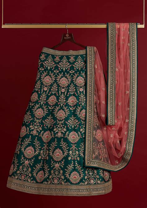 Buy Bottle Green Zariwork Raw Silk Semi Stitched Lehenga - Koskii